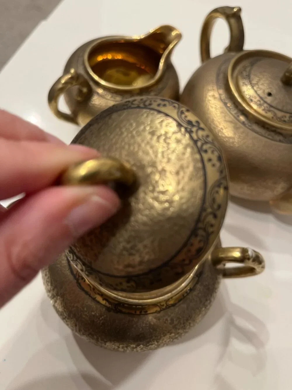 Vintage 3-Piece Japanese Encrusted Weeping Gold Porcelain Tea Set -